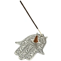 PJH  White Metal Hamsa Hand Incense Stick/Cone Burner - 5.5"L, 4"W, Pack  of 2 Pieces - Aluminium, Box