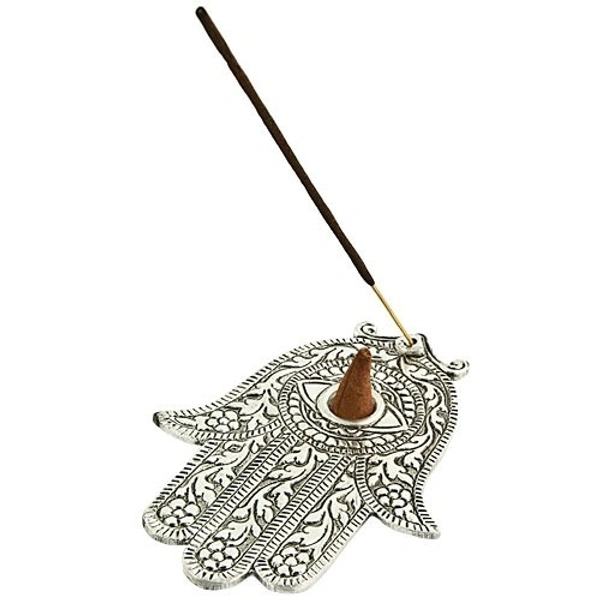 PJH  White Metal Hamsa Hand Incense Stick/Cone Burner - 5.5"L, 4"W, Pack  of 2 Pieces - Aluminium, Box