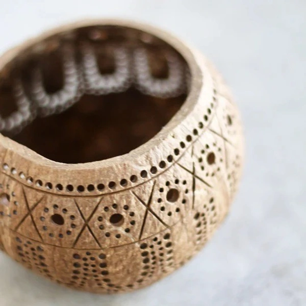 PJH Candle Holder - Hand Carved Coconut shell Candle Holder - Eco-Friendly Diwali Gifts (Tropical) - Coconut Shell