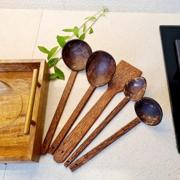 PJH Cooking Spoon Set - Traditional Coconut shell & wood cooking Spoon Set - Coconut Shell