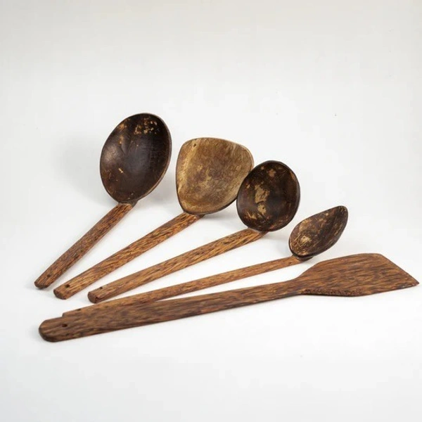 PJH Cooking Spoon Set - Traditional Coconut shell & wood cooking Spoon Set - Coconut Shell