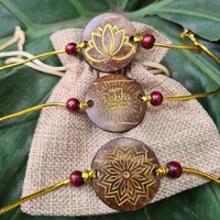 PJH Rakhi - Eco-Friendly Coconut Shell Rakhis for Brothers (Includes 3 Rakhis, Jute Potli & Raksha Bandhan Card) - Set of 3 - Coconut Shell
