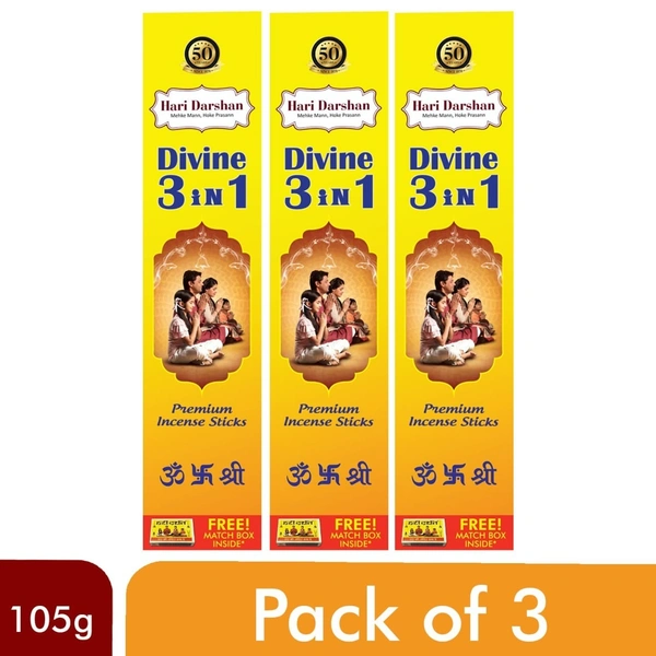 Hari Darshan Divine Three in One Agarbatti Premium Incense Sticks 105g - Approx 25 St - 