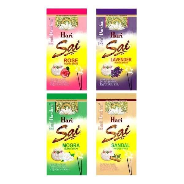Hari Darshan Hari Sai COMBO Agarbatti 1 packet of Sandal, Rose, Lavender, Mogra Rich Perfumed Incense Stick -120g each - Pack of 4