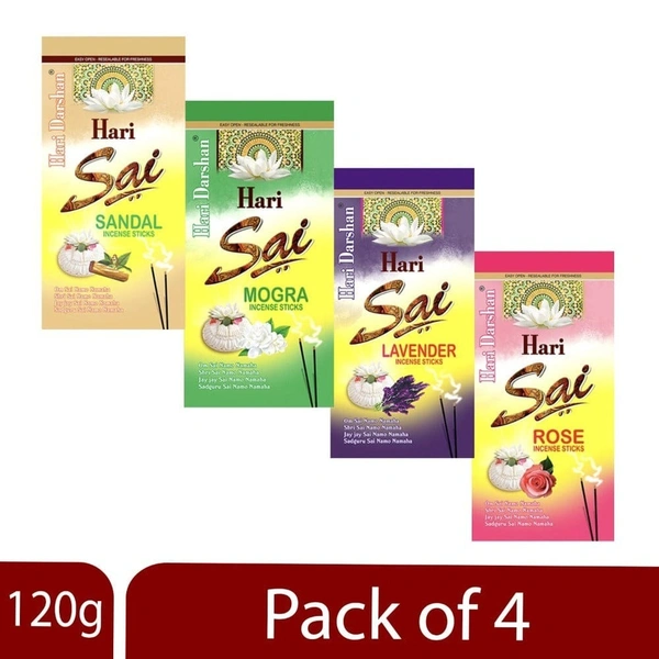 Hari Darshan Hari Sai COMBO Agarbatti 1 packet of Sandal, Rose, Lavender, Mogra Rich Perfumed Incense Stick -120g each - Pack of 4