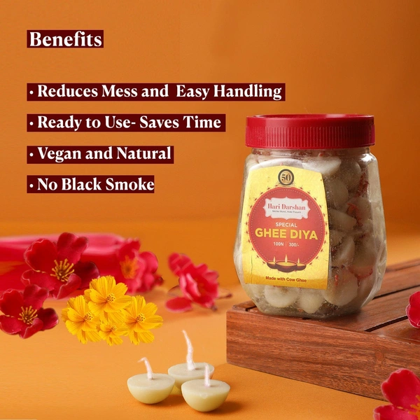 Hari Darshan Ghee Diya - Made With Cow Ghee - Ready-to-Use - 20 Minutes Burning Time - 100pc Small Diya
