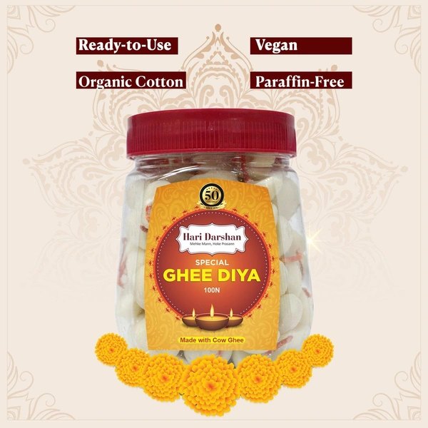 Hari Darshan Ghee Diya - Made With Cow Ghee - Ready-to-Use - 20 Minutes Burning Time - 100pc Small Diya