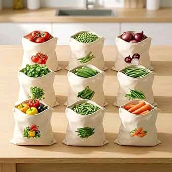 100% Cotton Reusable Vegetable Bags for Fridge | Eco-Friendly Storage Bags | Washable Breathable Cloth Bags for Vegetables | Plastic-Free PACK OF 10 
