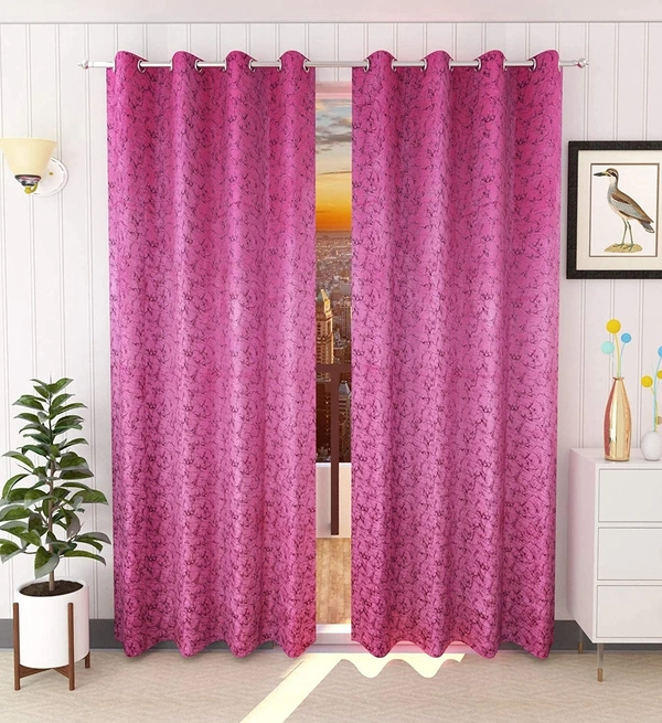 Panipat Textile Hub Polyester Eyelet Pink Designer Print Velvet Blackout curtains Pack of 2 - Long Door (4x9 Feet), Pink