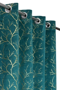 Panipat Textile Hub Aqua velvet Premium Shining Foil Chinaar Print Blackout Curtains Pack of 2  - Door (4 x 7 Feet)