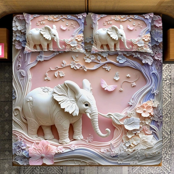 White 7D Elephant Digital Glace Cotton  King Size Flat Double Bedsheet (Size Bedsheet 90x100 inch with 2 Pillow cover)