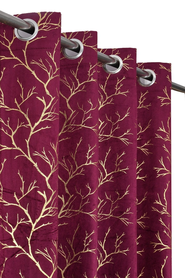 Wine velvet Premium Shining Foil Chinaar Print Blackout Curtains Pack of 2  - Window (4 x 5 Feet), Wine