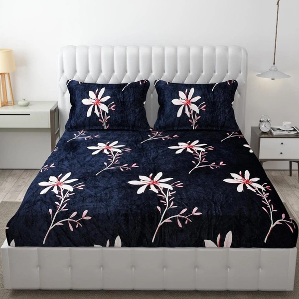 Blue Warm Double Bed Woollen & Velvet Fitted Bedsheet
