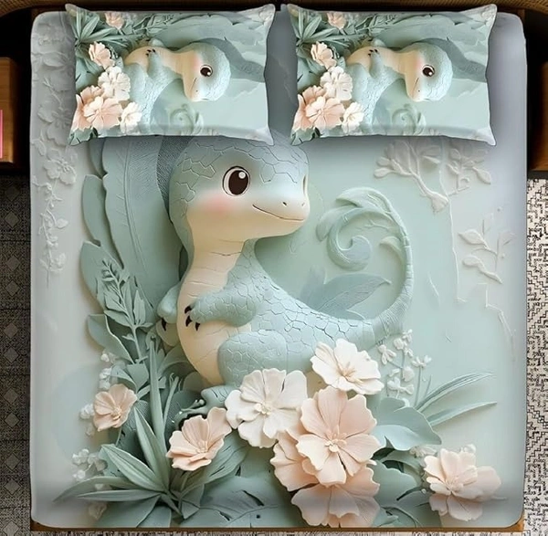 Green 7D Dinasor  Digital Glace Cotton  King Size Flat Double Bedsheet (Size Bedsheet 90x100 inch with 2 Pillow cover)