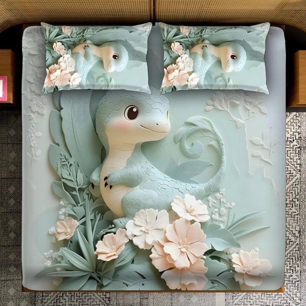 Green 7D Dinasor  Digital Glace Cotton  King Size Flat Double Bedsheet (Size Bedsheet 90x100 inch with 2 Pillow cover)