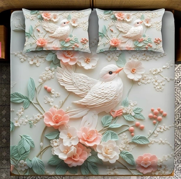 White 7D Sparrow Digital Glace Cotton  King Size Flat Double Bedsheet (Size Bedsheet 90x100 inch with 2 Pillow cover)