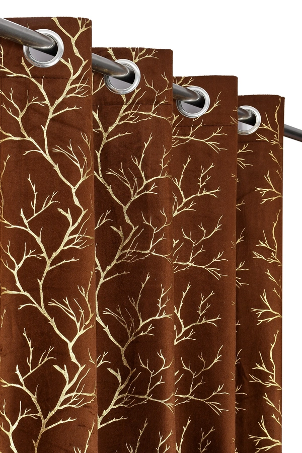 Brown velvet Premium Shining Foil Chinaar Print Blackout Curtains Pack of 2  - Long Door (4 x9 Feet), Brown