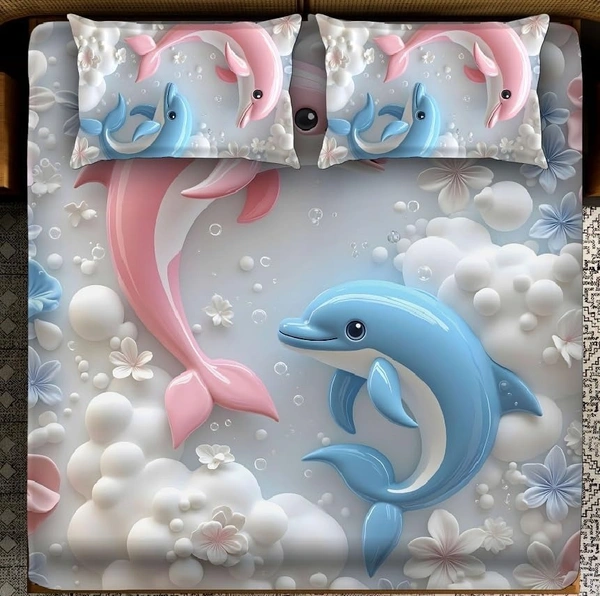 Blue 7D Dolphin Digital Glace Cotton King Size Flat Double Bedsheet (Size Bedsheet 90x100 inch with 2 Pillow cover)