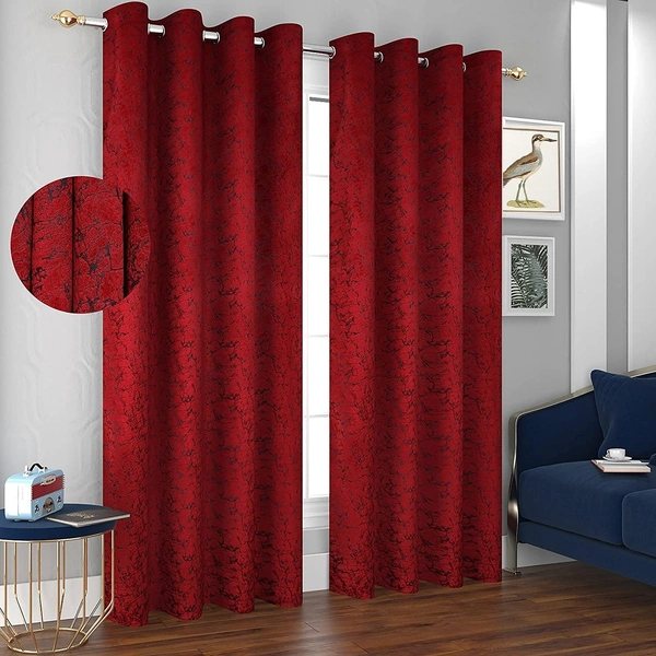 Panipat Textile Hub Polyester Eyelet Red Designer Print Velvet Blackout curtains Pack of 2 - Long Door (4x9 Feet), red