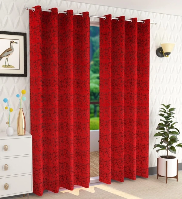 Panipat Textile Hub Polyester Eyelet Red Designer Print Velvet Blackout curtains Pack of 2 - Long Door (4x9 Feet), red