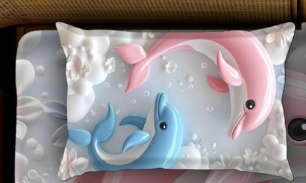 Blue 7D Dolphin Digital Glace Cotton King Size Flat Double Bedsheet (Size Bedsheet 90x100 inch with 2 Pillow cover)