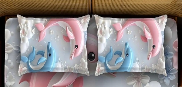 Blue 7D Dolphin Digital Glace Cotton King Size Flat Double Bedsheet (Size Bedsheet 90x100 inch with 2 Pillow cover)