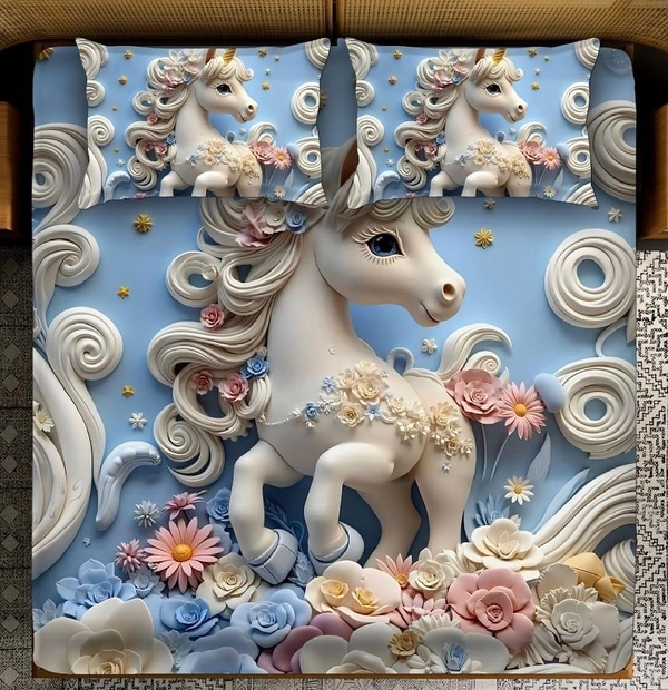 Sky 7D Horse Digital Glace Cotton King Size Flat Double Bedsheet (Size Bedsheet 90x100 inch with 2 Pillow cover)
