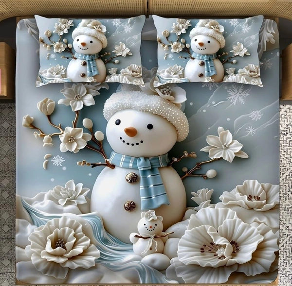 White 7D Snowman Digital Glace Cotton  King Size Flat Double Bedsheet (Size Bedsheet 90x100 inch with 2 Pillow cover)