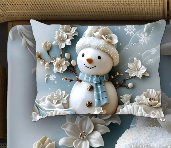 White 7D Snowman Digital Glace Cotton  King Size Flat Double Bedsheet (Size Bedsheet 90x100 inch with 2 Pillow cover)