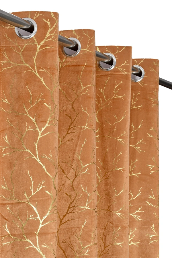 Gold velvet Premium Shining Foil Chinaar Print Blackout Curtains Pack of 2  - Long Door (4 x9 Feet), Gold