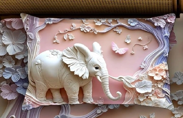 White 7D Elephant Digital Glace Cotton  King Size Flat Double Bedsheet (Size Bedsheet 90x100 inch with 2 Pillow cover)