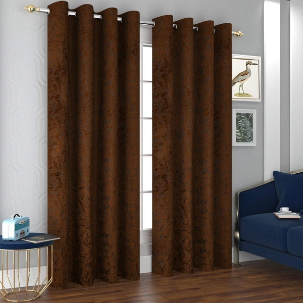 Panipat Textile Hub Polyester Eyelet Brown Designer Print Velvet Blackout curtains Pack of 2 - Long Door (4x9 Feet)