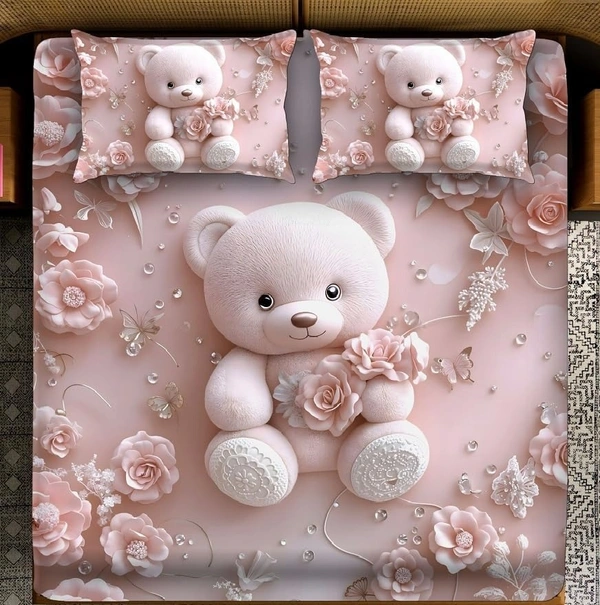 Pink 7D Teedy Digital Glace Cotton  King Size Flat Double Bedsheet (Size Bedsheet 90x100 inch with 2 Pillow cover)