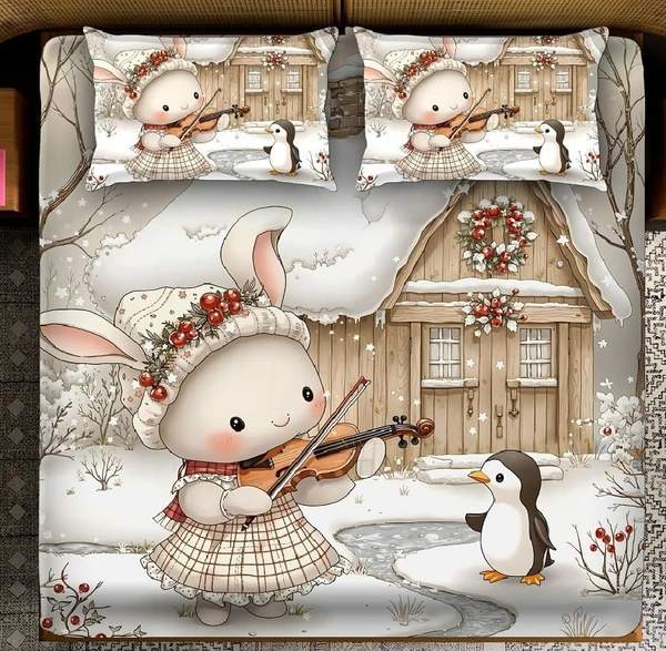 Brown 7D Hut Doll Digital Glace Cotton  King Size Flat Double Bedsheet (Size Bedsheet 90x100 inch with 2 Pillow cover)