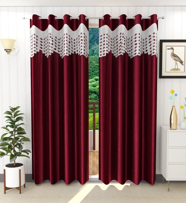 Home Garage Polyester Eyelet Valence Design Maroon Solid Curtains Pack of 2 - Long Door (4x9 Feet)