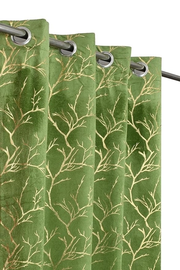 Green velvet Premium Shining Foil Chinaar Print Blackout Curtains Pack of 2  - Long Door (4 x9 Feet), Green