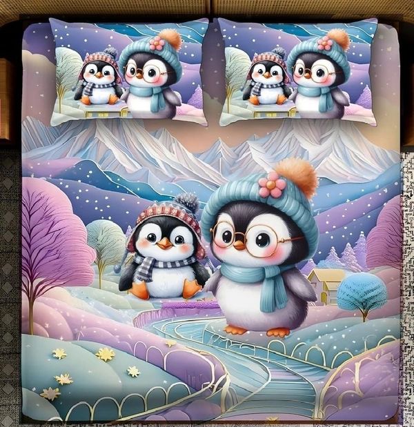 Purple 7D Pengwin Digital Glace Cotton King Size Flat Double Bedsheet (Size Bedsheet 90x100 inch with 2 Pillow cover)