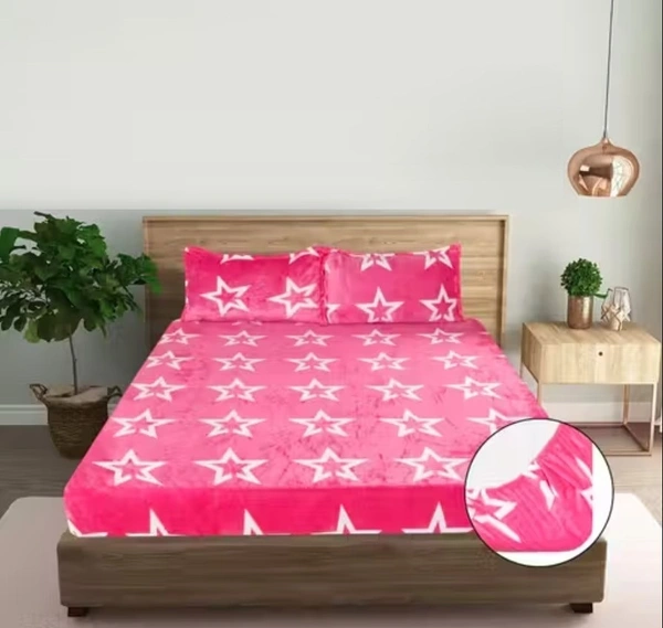 Pink Warm Double Bed Woollen & Velvet Fitted Bedsheet