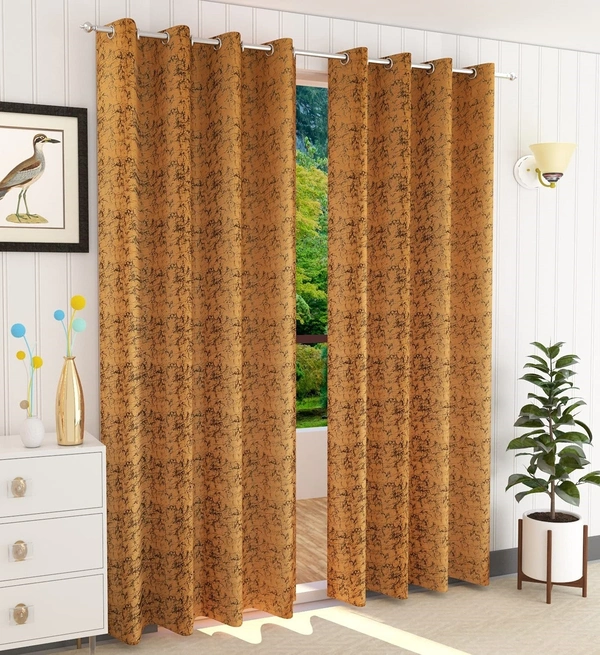 Panipat Textile Hub Polyester Eyelet Gold Designer Print Velvet Blackout curtains Pack of 2 - Door (4x7 Feet), Gold