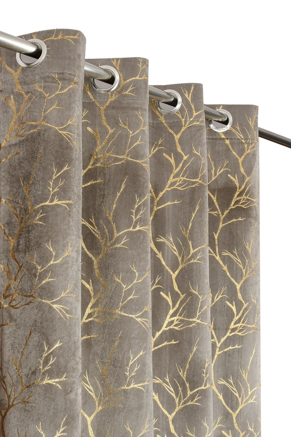 Grey velvet Premium Shining Foil Chinaar Print Blackout Curtains Pack of 2  - Long Door (4 x9 Feet), Grey