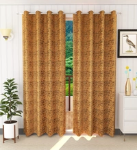 Panipat Textile Hub Polyester Eyelet Gold Designer Print Velvet Blackout curtains Pack of 2 - Door (4x7 Feet), Gold