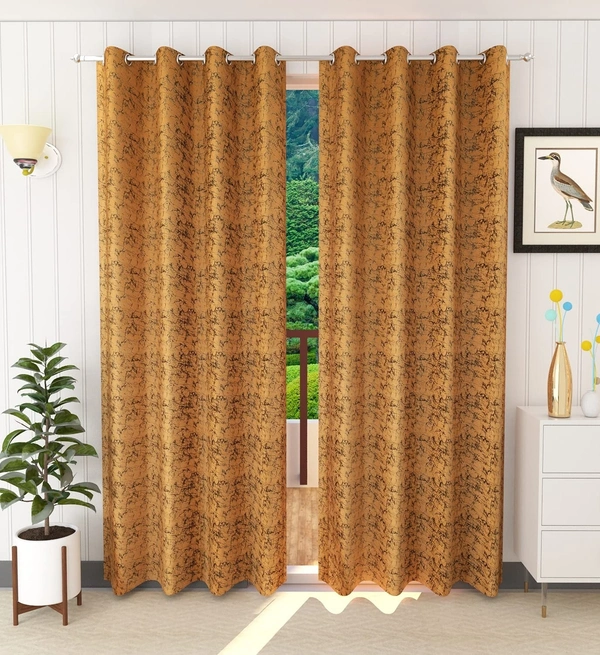 Panipat Textile Hub Polyester Eyelet Gold Designer Print Velvet Blackout curtains Pack of 2 - Door (4x7 Feet), Gold