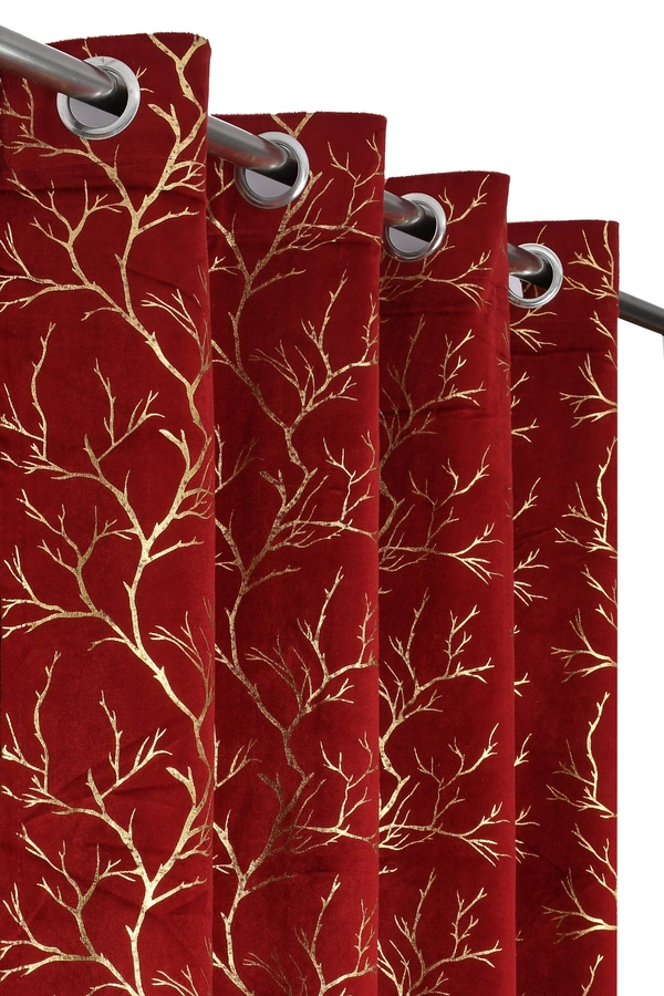 Maroon velvet Premium Shining Foil Chinaar Print Blackout Curtains Pack of 2  - Door (4 x 7 Feet), Maroon