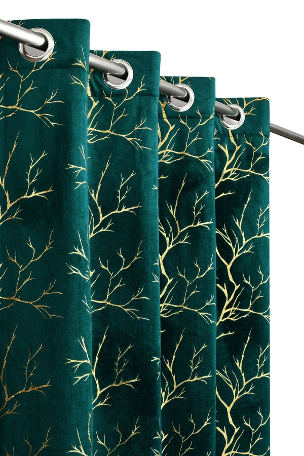 Dark Green velvet Premium Shining Foil Chinaar Print Blackout Curtains Pack of 2  - Long Door (4 x9 Feet), Green