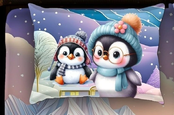 Purple 7D Pengwin Digital Glace Cotton King Size Flat Double Bedsheet (Size Bedsheet 90x100 inch with 2 Pillow cover)