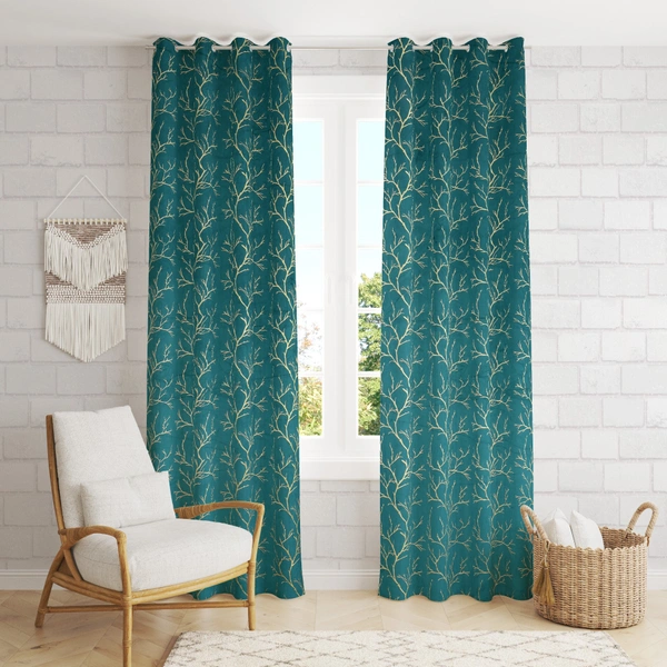 Panipat Textile Hub Aqua velvet Premium Shining Foil Chinaar Print Blackout Curtains Pack of 2  - Door (4 x 7 Feet)