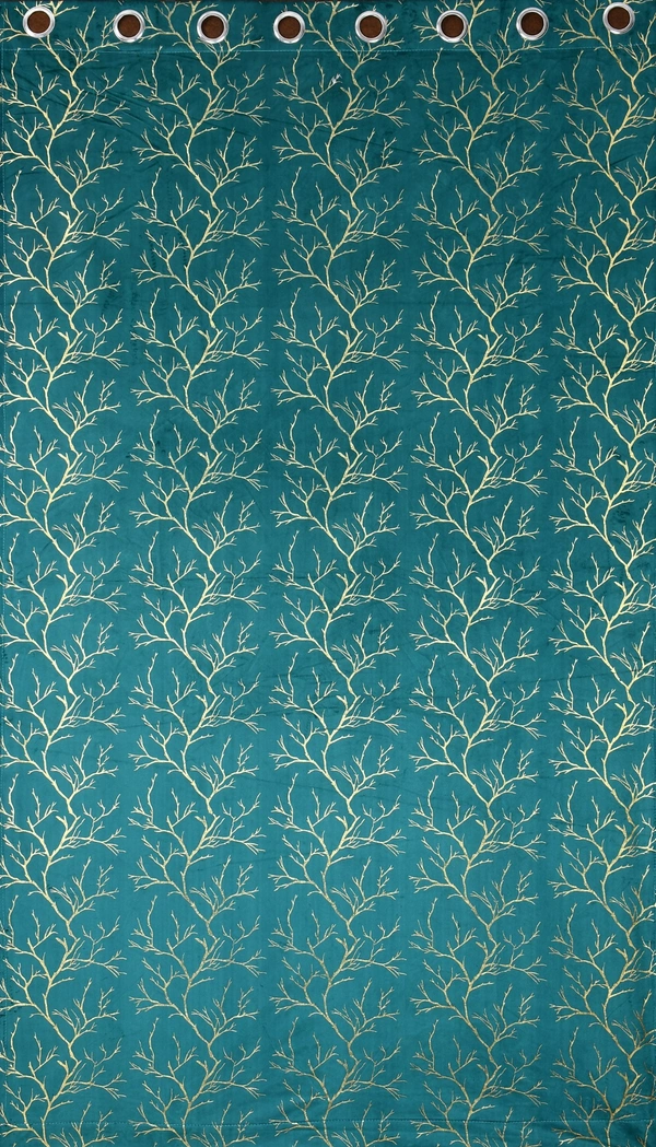 Panipat Textile Hub Aqua velvet Premium Shining Foil Chinaar Print Blackout Curtains Pack of 2  - Door (4 x 7 Feet)