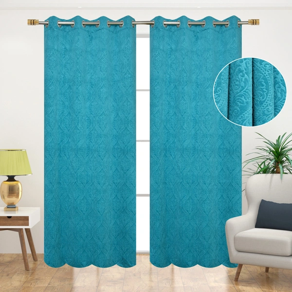 Panipat Textile Hub Polyester Eyelet Aqua Designer Print Velvet Blackout curtains Pack of 2 ₹ 999 - Long Door (4x9 Feet), Aqua