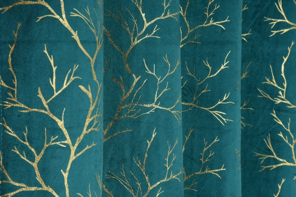 Panipat Textile Hub Aqua velvet Premium Shining Foil Chinaar Print Blackout Curtains Pack of 2  - Long Door (4 x9 Feet)