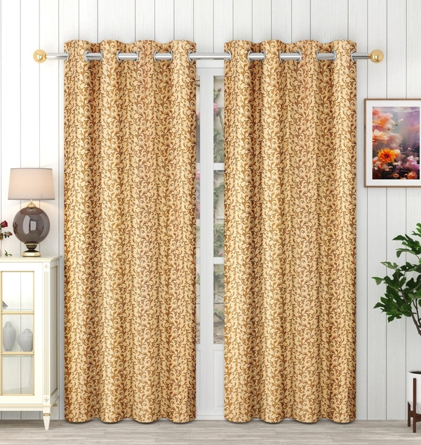 Panipat Textile Hub Polyester Eyelet Gold Designer Print curtains Pack of 2 - Long Door (4x9 Feet)